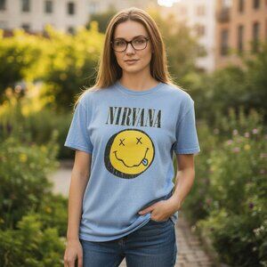 🧨FLASH SALE🧨Nirvana Light Blue Acid Wash Short Sleeve Smiley Graphic Band Tee